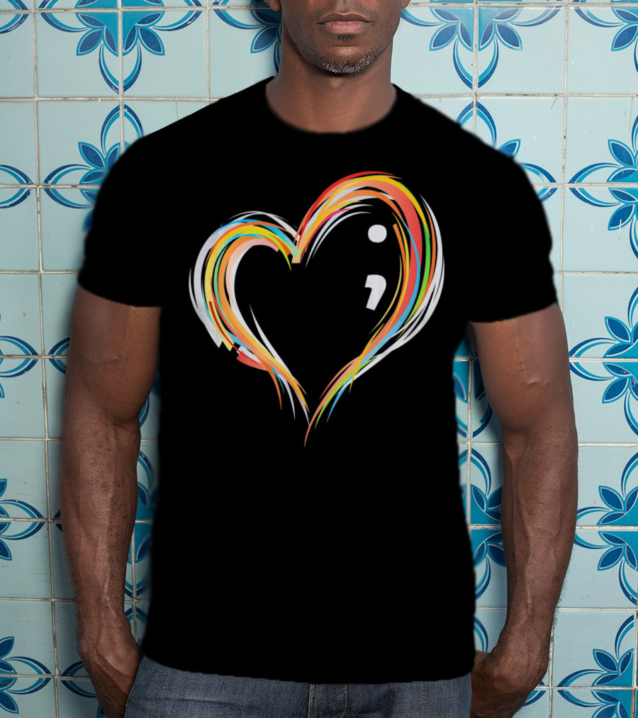 Heart Semicolon Rainbow Design For Mental Health Awareness T-Shirt