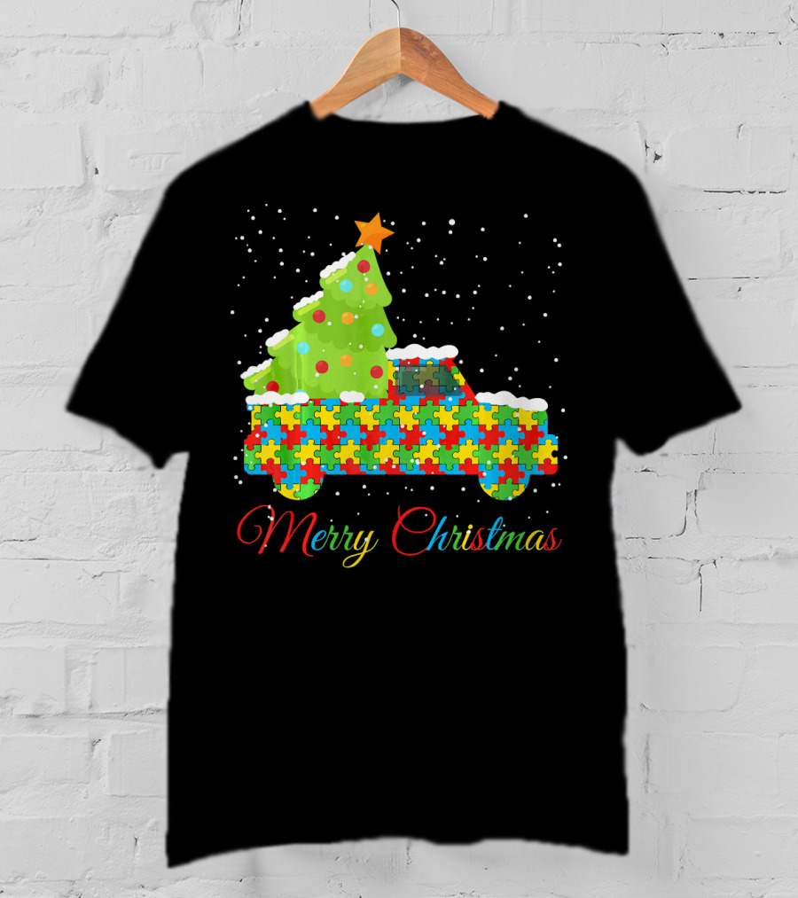 Merry Christmas Puzzle Truck Autism Awareness T-Shirt