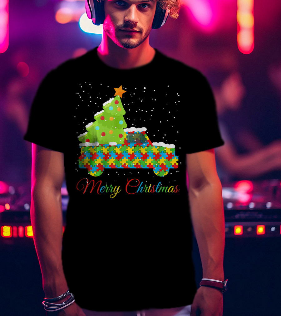 Merry Christmas Puzzle Truck Autism Awareness T-Shirt