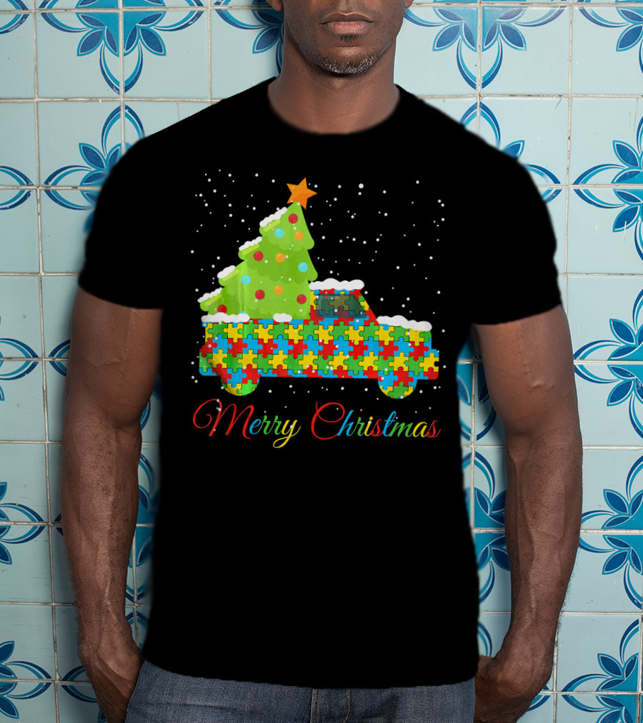 Merry Christmas Puzzle Truck Autism Awareness T-Shirt