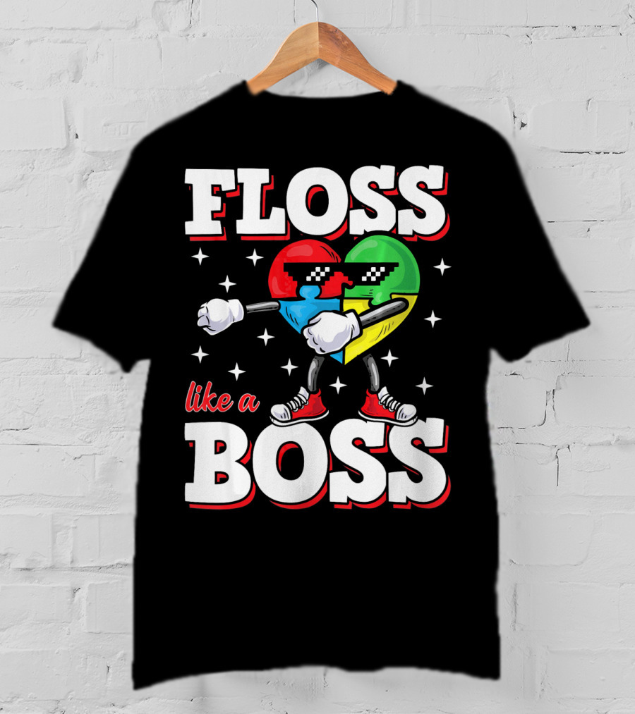 Floss Like A Boss Autism Awareness Heart With Cool Sunglasses T-Shirt