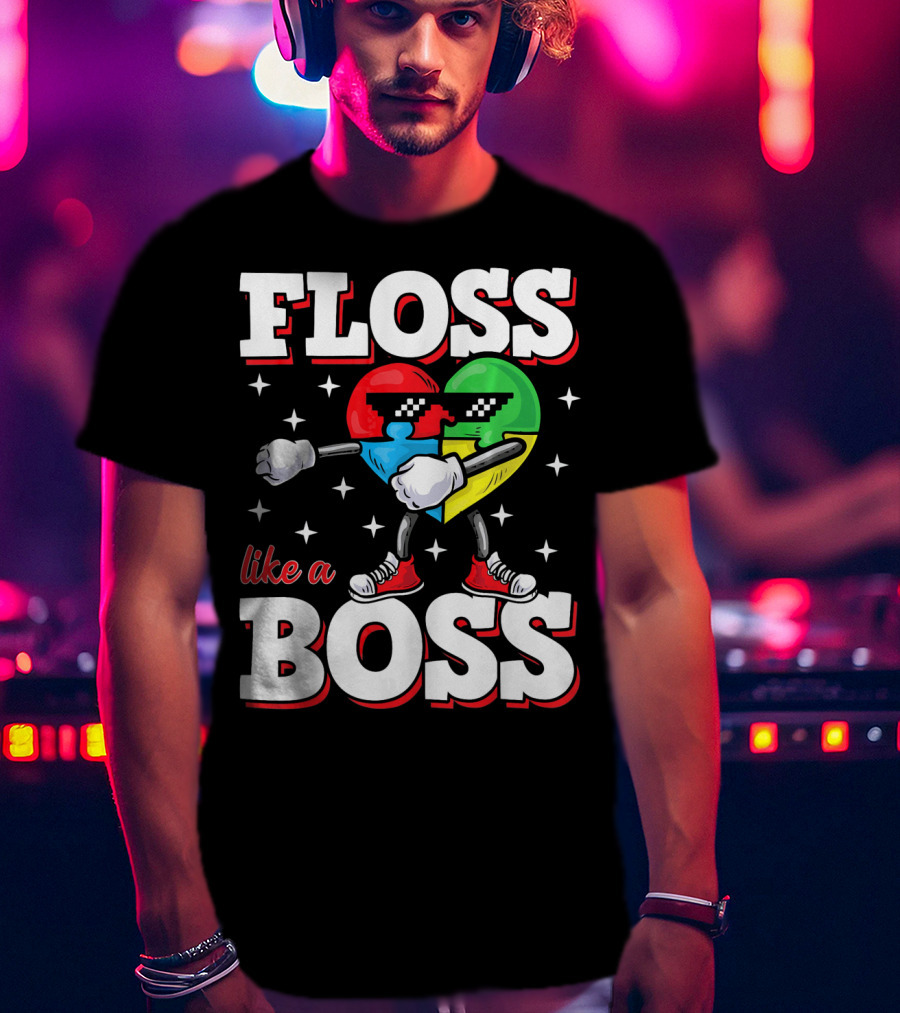 Floss Like A Boss Autism Awareness Heart With Cool Sunglasses T-Shirt