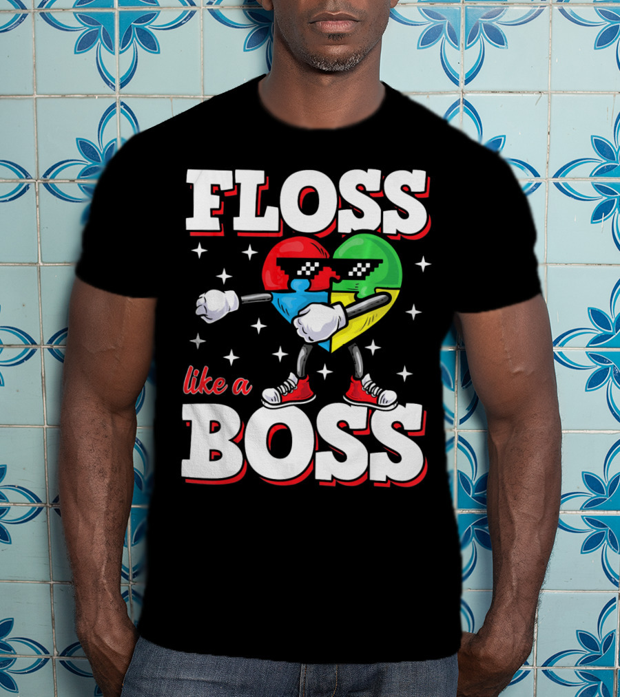 Floss Like A Boss Autism Awareness Heart With Cool Sunglasses T-Shirt