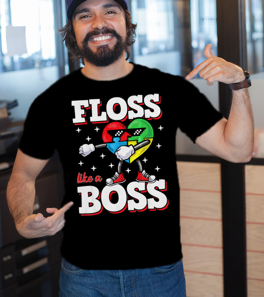 Floss Like A Boss Autism Awareness Heart With Cool Sunglasses T-Shirt