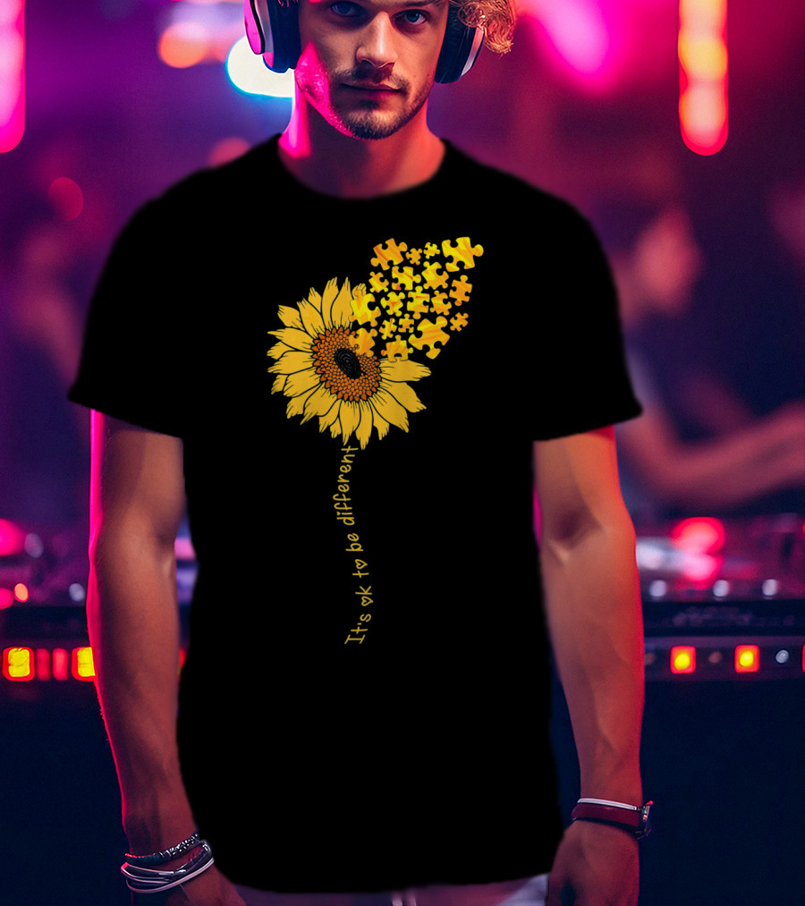 Love Sunflower Puzzle It's OK To Be Different Autism Awareness T-Shirt