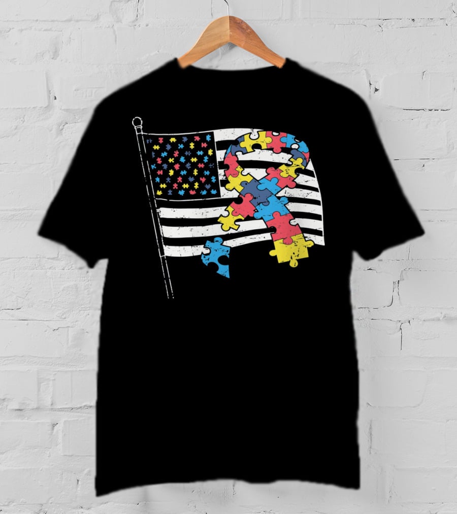 American Distressed Flag Puzzle Ribbon Autism Awareness T-Shirt