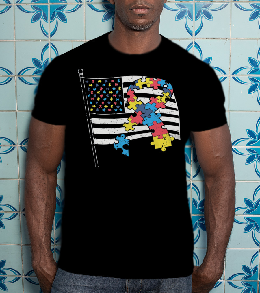 American Distressed Flag Puzzle Ribbon Autism Awareness T-Shirt