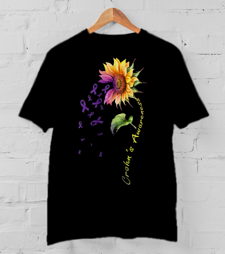 Crohn's Awareness Sunflower With Purple Ribbons T-Shirt