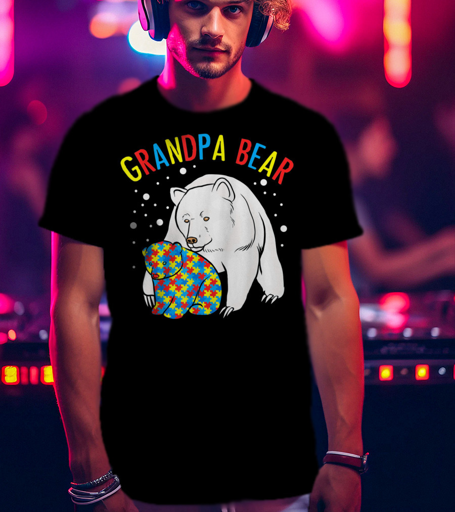Grandpa Bear Mens Autism Awareness Puzzle Bear T-Shirt