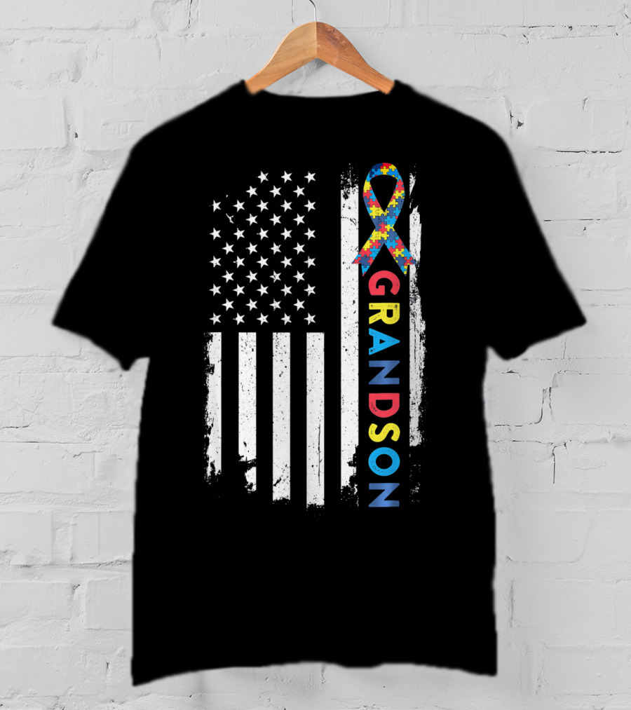 Autism Awareness American Flag Grandson Kids T-Shirt