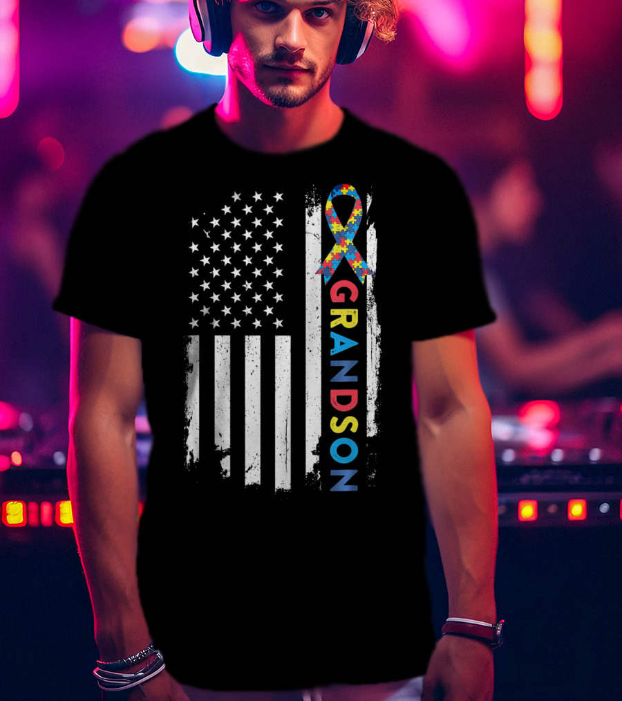 Autism Awareness American Flag Grandson Kids T-Shirt
