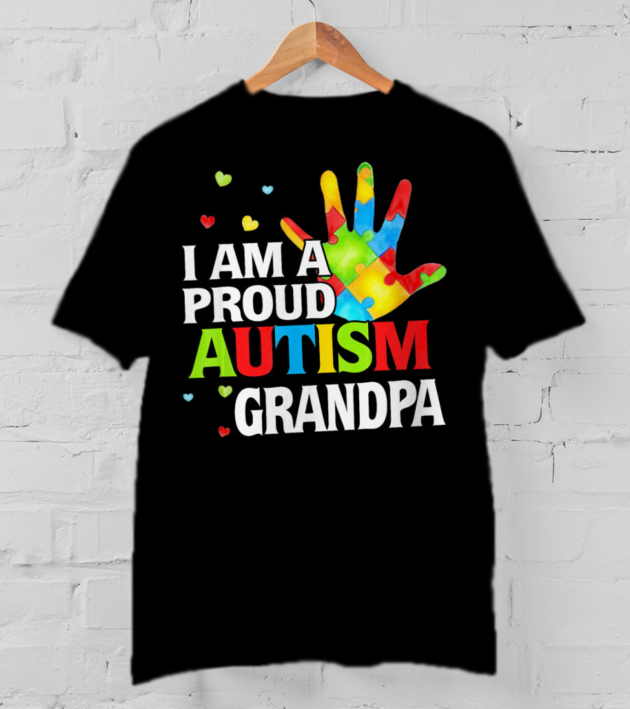 I Am A Proud Autism Grandpa Colorful Puzzle Hand Heart Accents T-Shirt