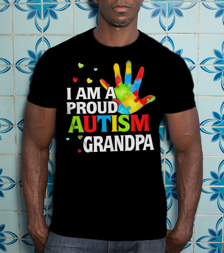 I Am A Proud Autism Grandpa Colorful Puzzle Hand Heart Accents T-Shirt