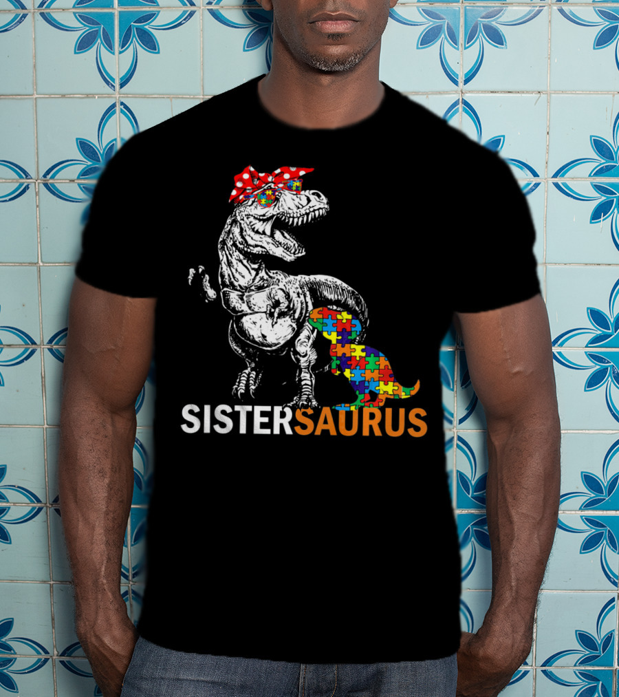 Sister Saurus Autism Awareness Dinosaur Puzzle Print T-Shirt