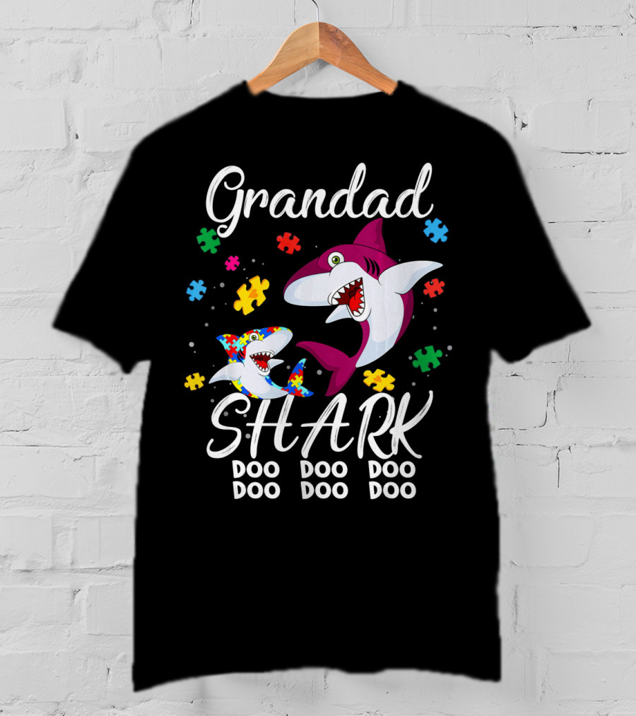 Grandad Shark Doo Doo Doo Doo Autism Awareness Puzzle Pieces T-Shirt
