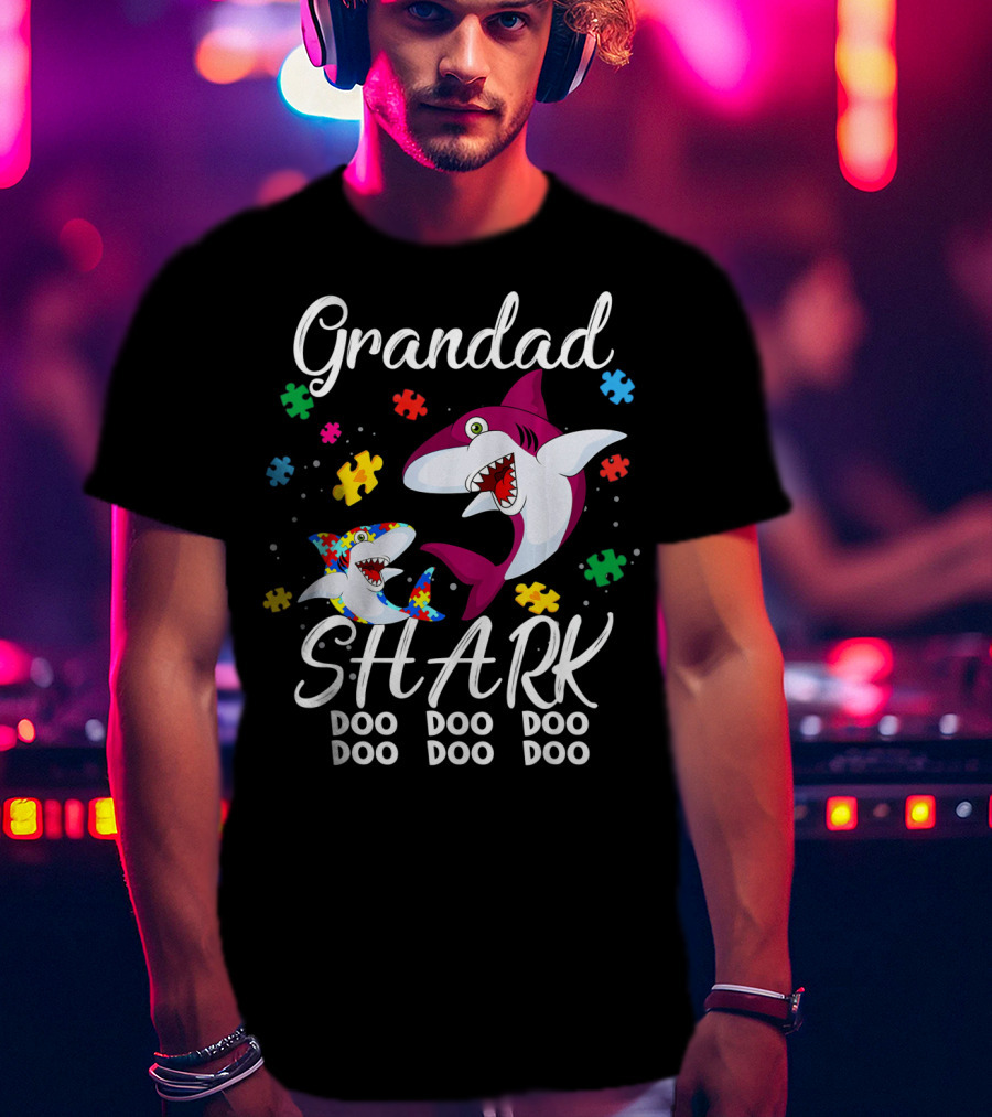 Grandad Shark Doo Doo Doo Doo Autism Awareness Puzzle Pieces T-Shirt