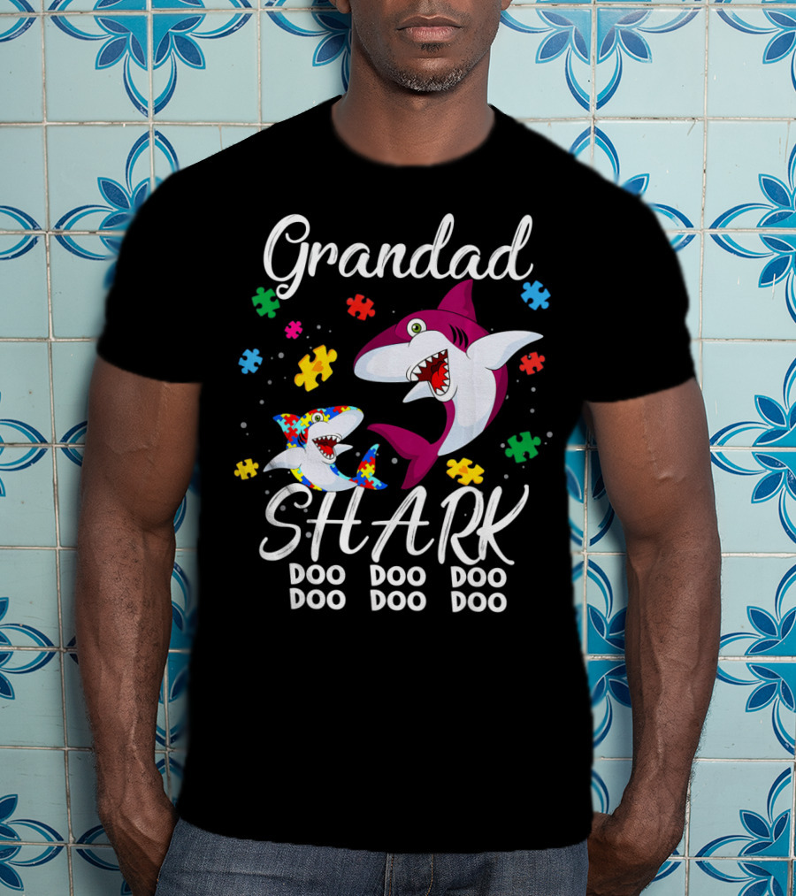 Grandad Shark Doo Doo Doo Doo Autism Awareness Puzzle Pieces T-Shirt