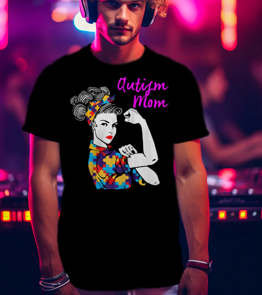 Autism Mom Awareness Iconic Rosie The Riveter Puzzle T-Shirt
