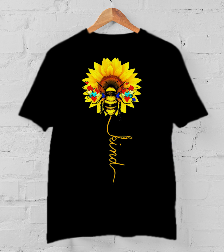 Bee Kind Autism Awareness Sunflower Puzzle T-Shirt