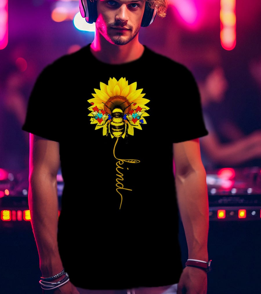 Bee Kind Autism Awareness Sunflower Puzzle T-Shirt