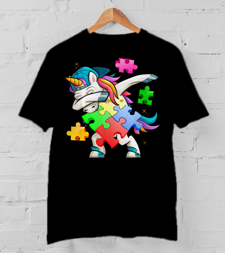 Autism Awareness Dabbing Unicorn Rainbow Puzzle Pieces T-Shirt