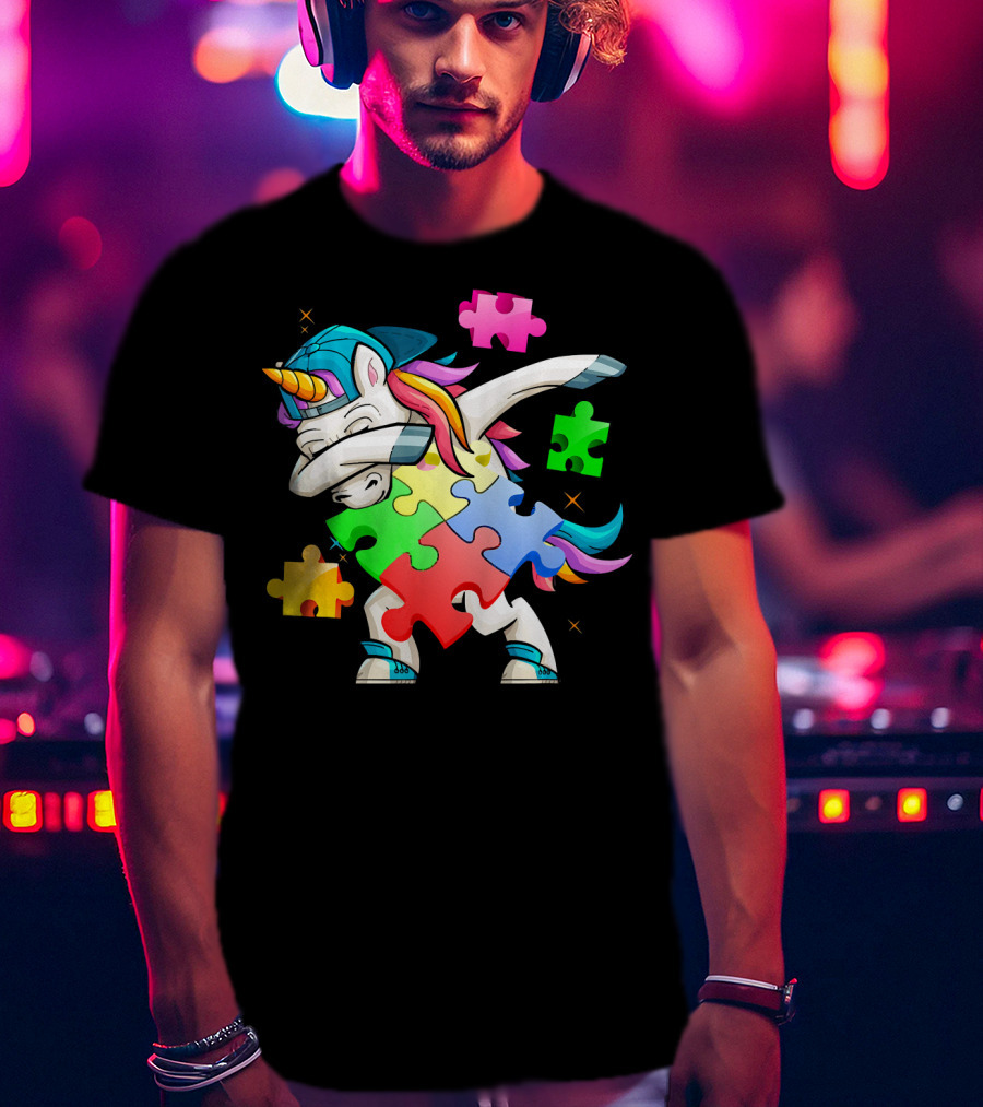 Autism Awareness Dabbing Unicorn Rainbow Puzzle Pieces T-Shirt