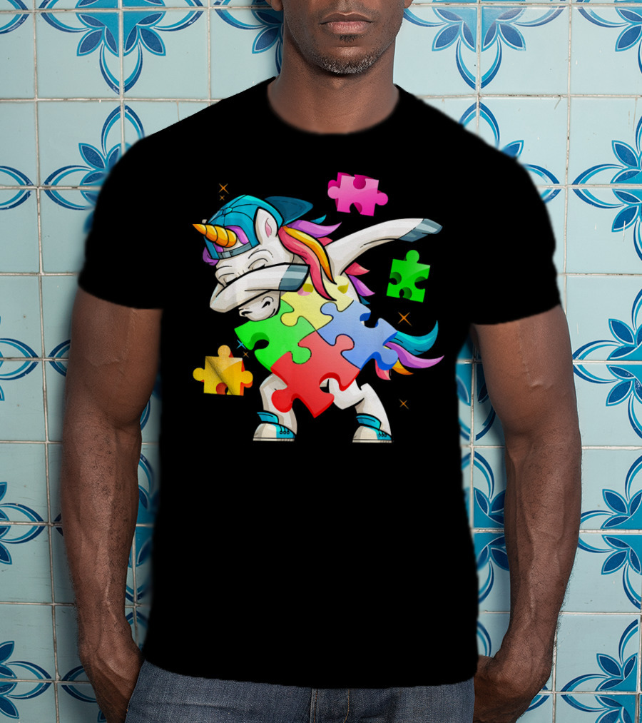 Autism Awareness Dabbing Unicorn Rainbow Puzzle Pieces T-Shirt