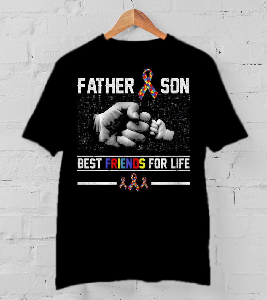 Father Son Best Friends For Life Autism Awareness Ribbon Fist Bump T-Shirt