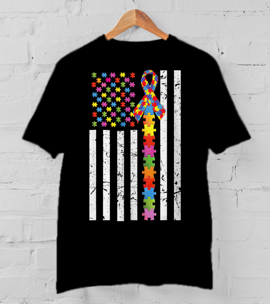 Autism Awareness US Flag Puzzle Ribbon T-Shirt