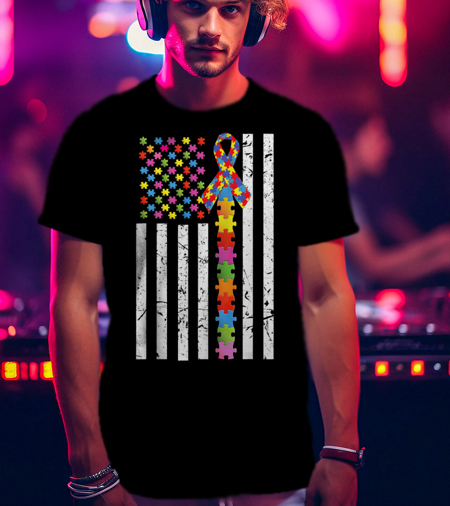 Autism Awareness US Flag Puzzle Ribbon T-Shirt