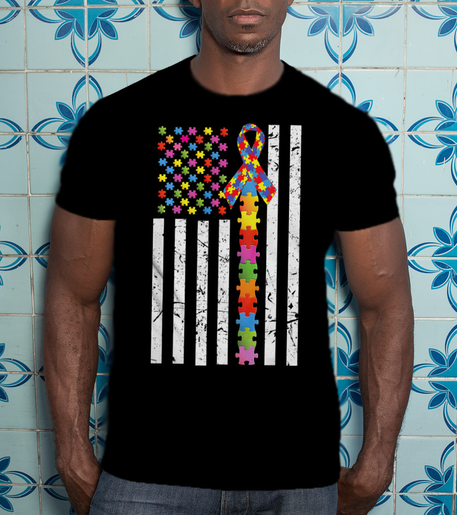 Autism Awareness US Flag Puzzle Ribbon T-Shirt