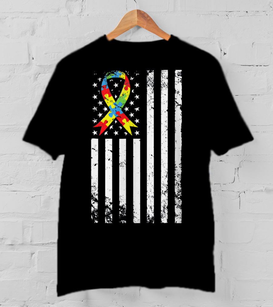 Vintage Autism Awareness Puzzle Ribbon US Flag T-Shirt