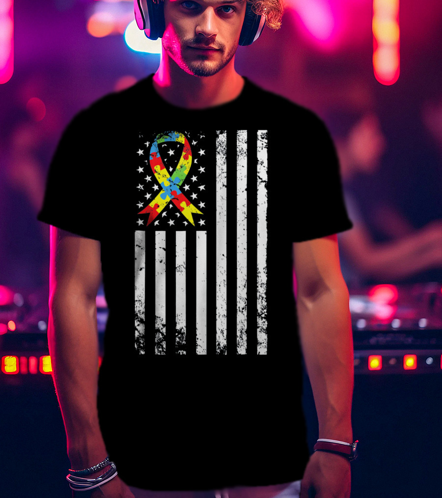 Vintage Autism Awareness Puzzle Ribbon US Flag T-Shirt
