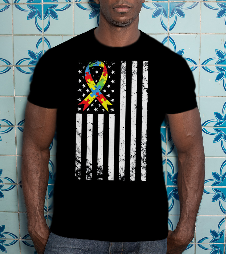 Vintage Autism Awareness Puzzle Ribbon US Flag T-Shirt