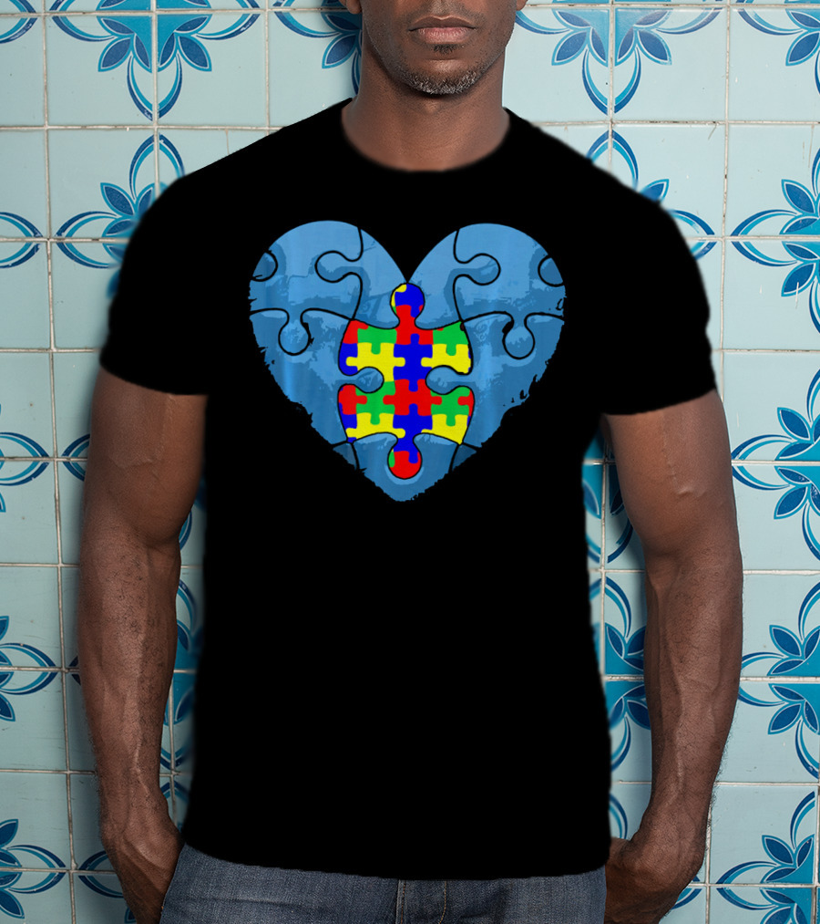 Love Doesn't Need Words Heart Puzzle Autism Awareness T-Shirt