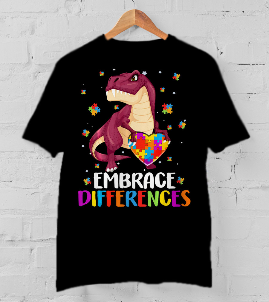 Embrace Differences Dinosaur Puzzle Pieces Autism Awareness T-Shirt