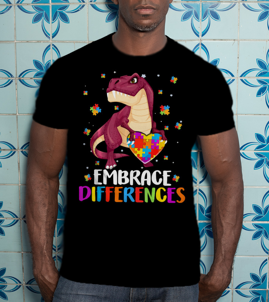 Embrace Differences Dinosaur Puzzle Pieces Autism Awareness T-Shirt