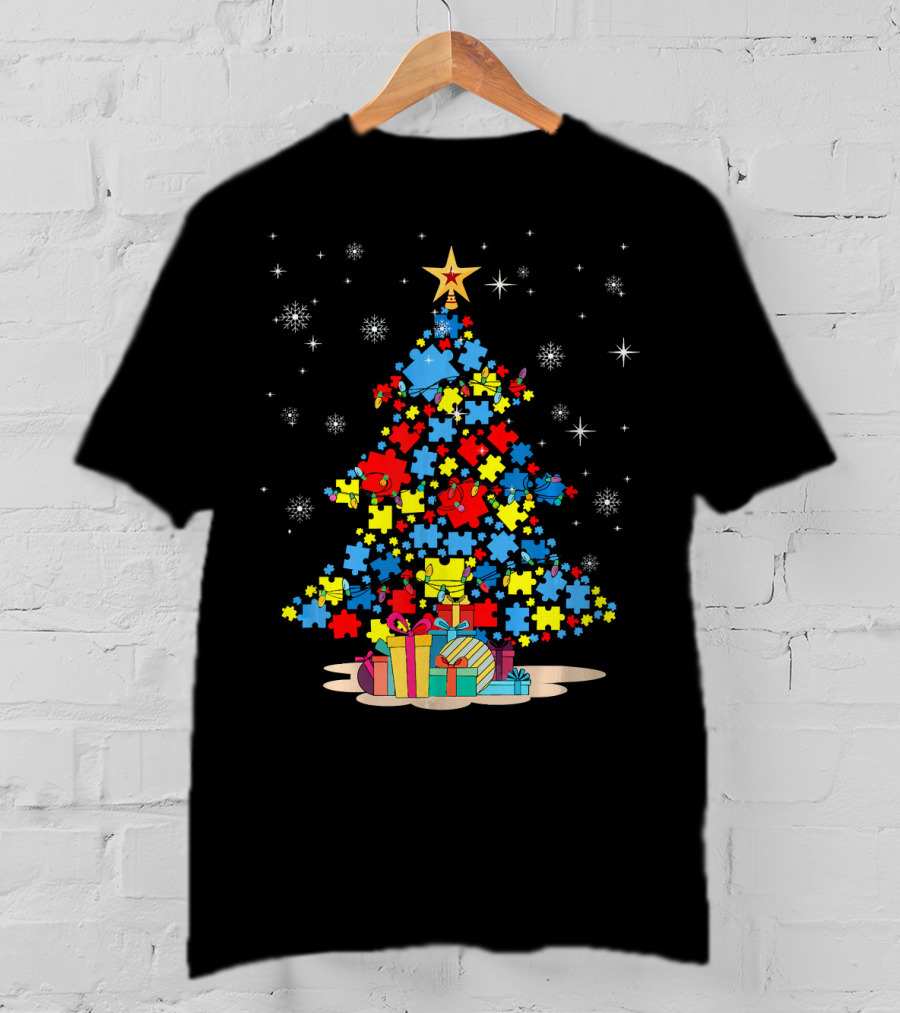 Puzzle Pieces Christmas Tree Autism Awareness Holiday T-Shirt