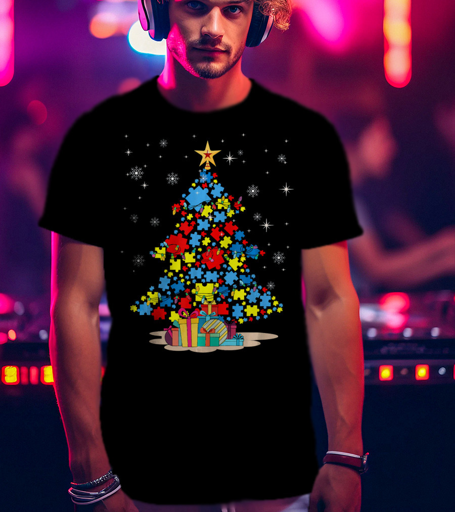 Puzzle Pieces Christmas Tree Autism Awareness Holiday T-Shirt