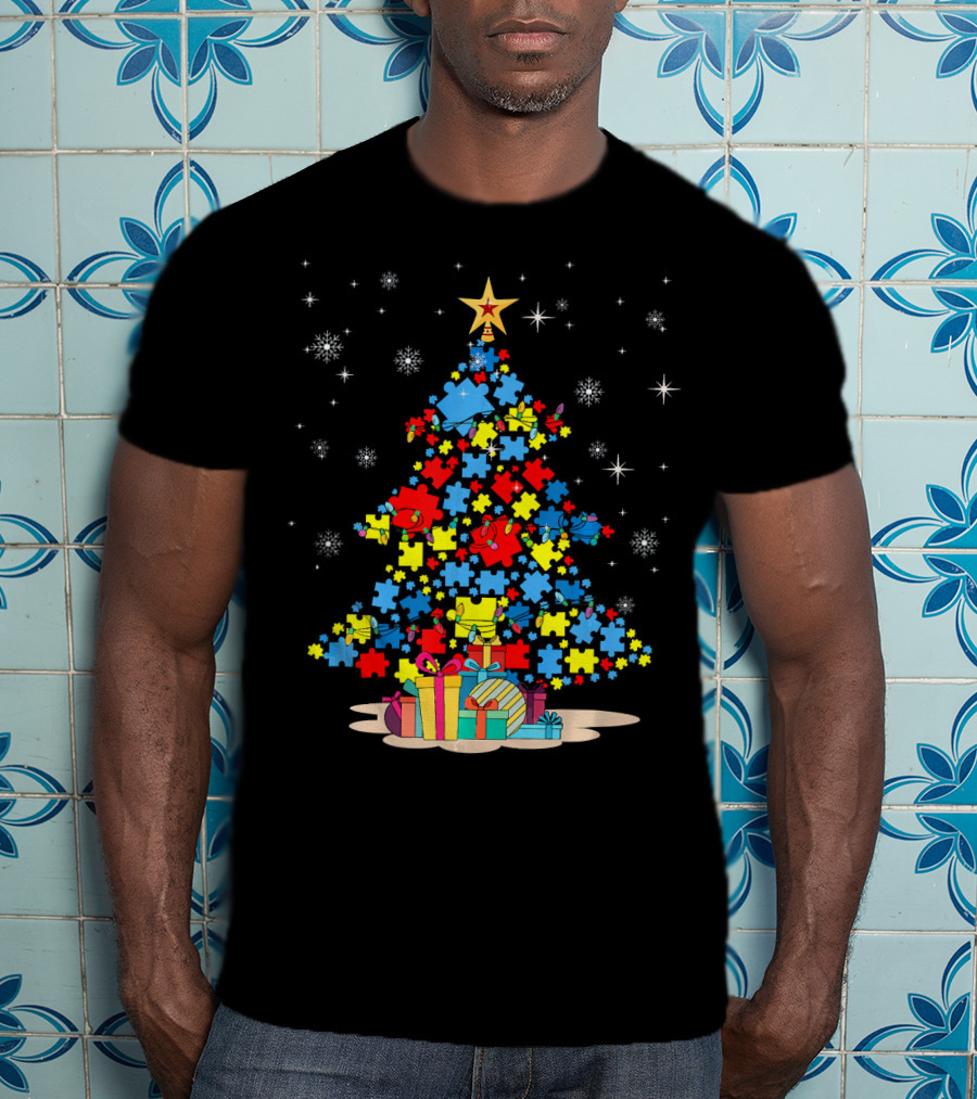 Puzzle Pieces Christmas Tree Autism Awareness Holiday T-Shirt