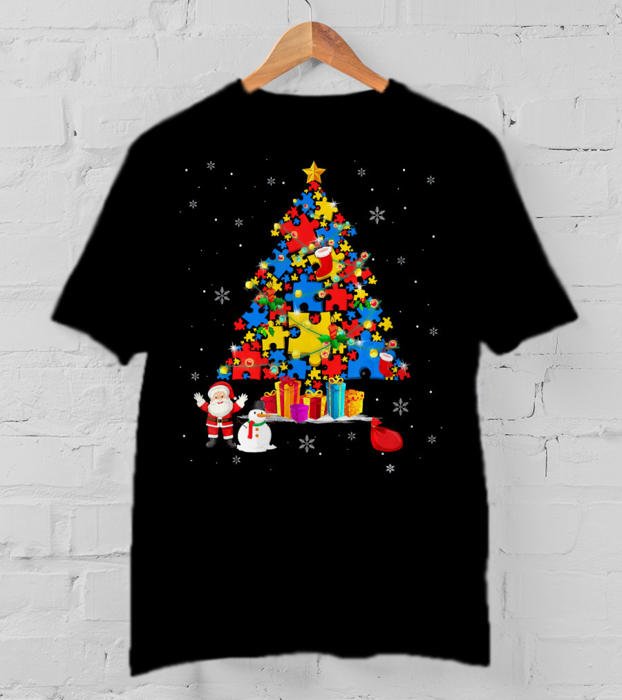 Christmas Trees Autism Awareness Santa Puzzle Snowflakes T-Shirt