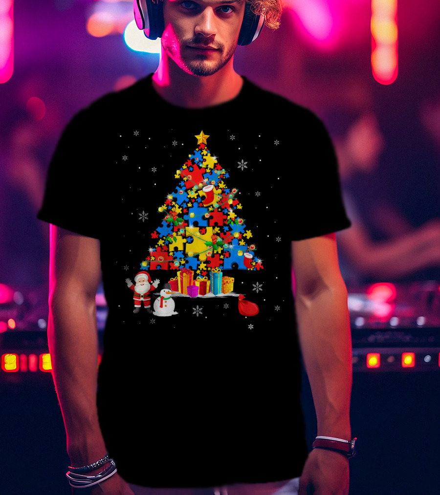 Christmas Trees Autism Awareness Santa Puzzle Snowflakes T-Shirt