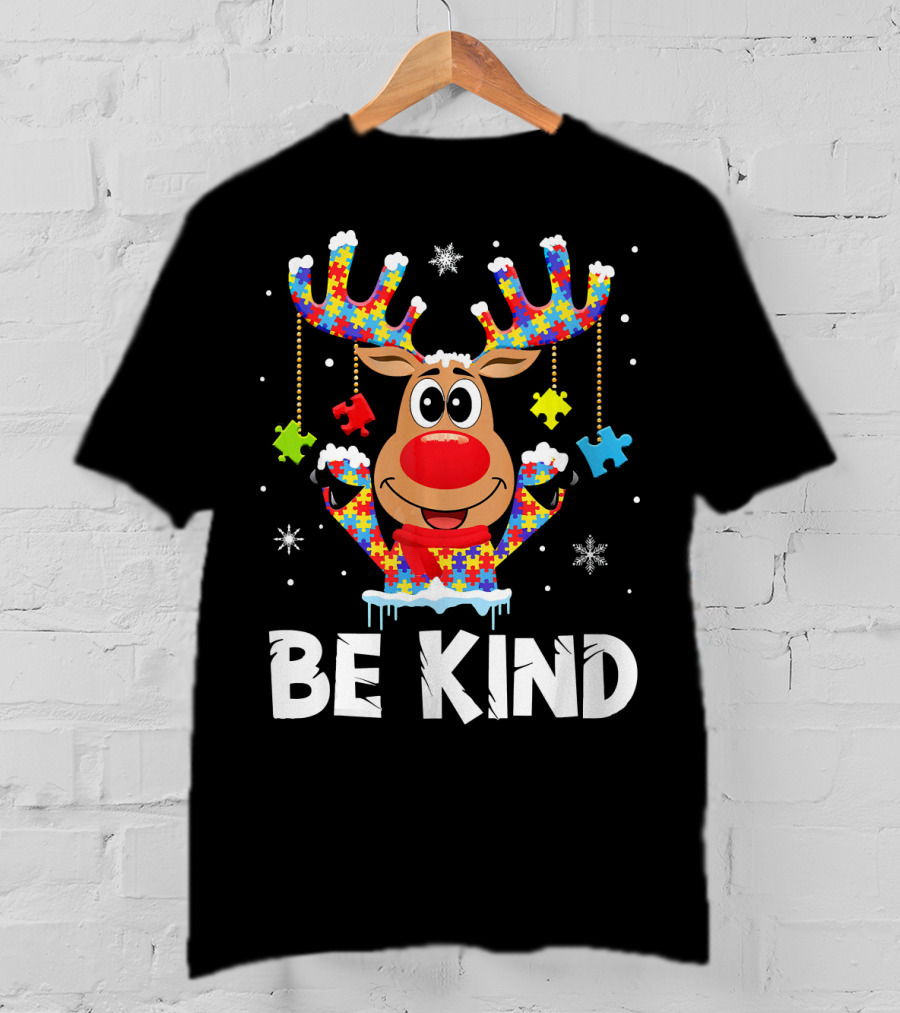 Be Kind Reindeer Puzzle Pieces Autism Awareness T-Shirt