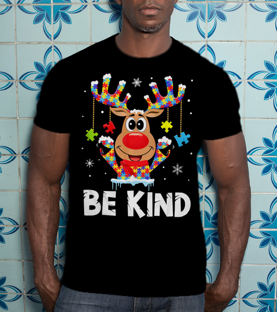 Be Kind Reindeer Puzzle Pieces Autism Awareness T-Shirt