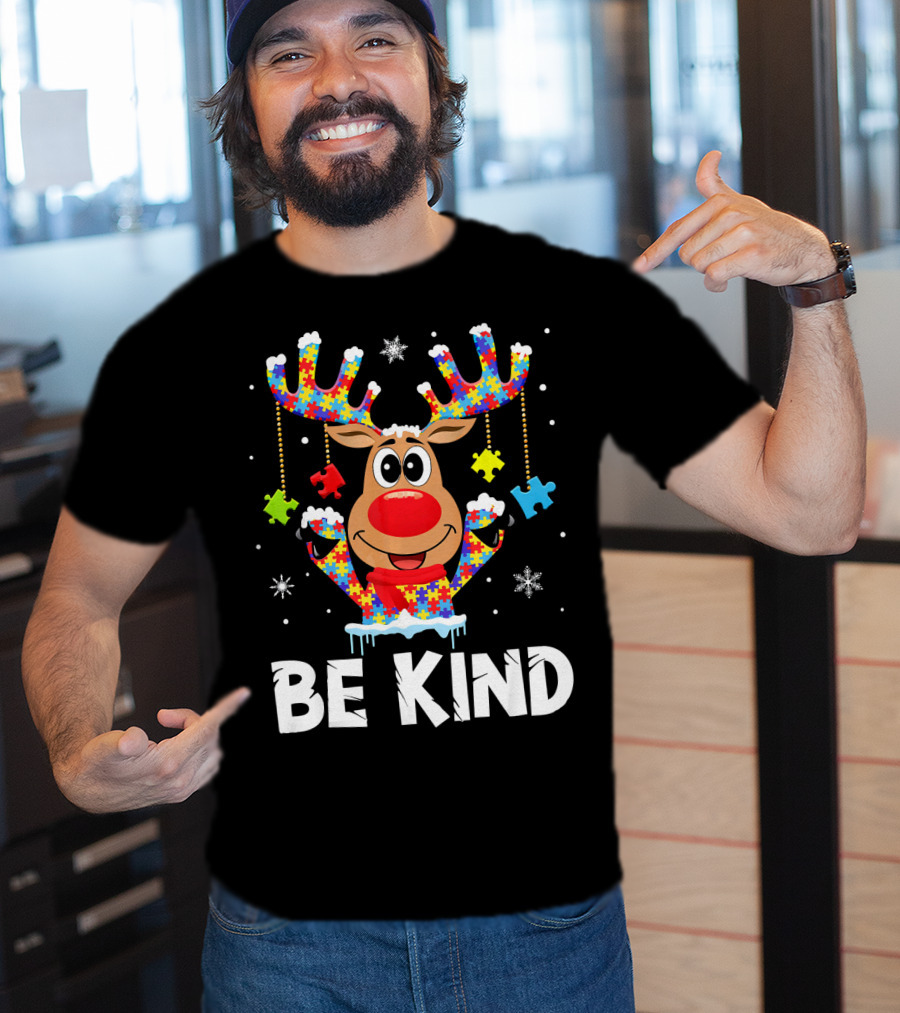 Be Kind Reindeer Puzzle Pieces Autism Awareness T-Shirt