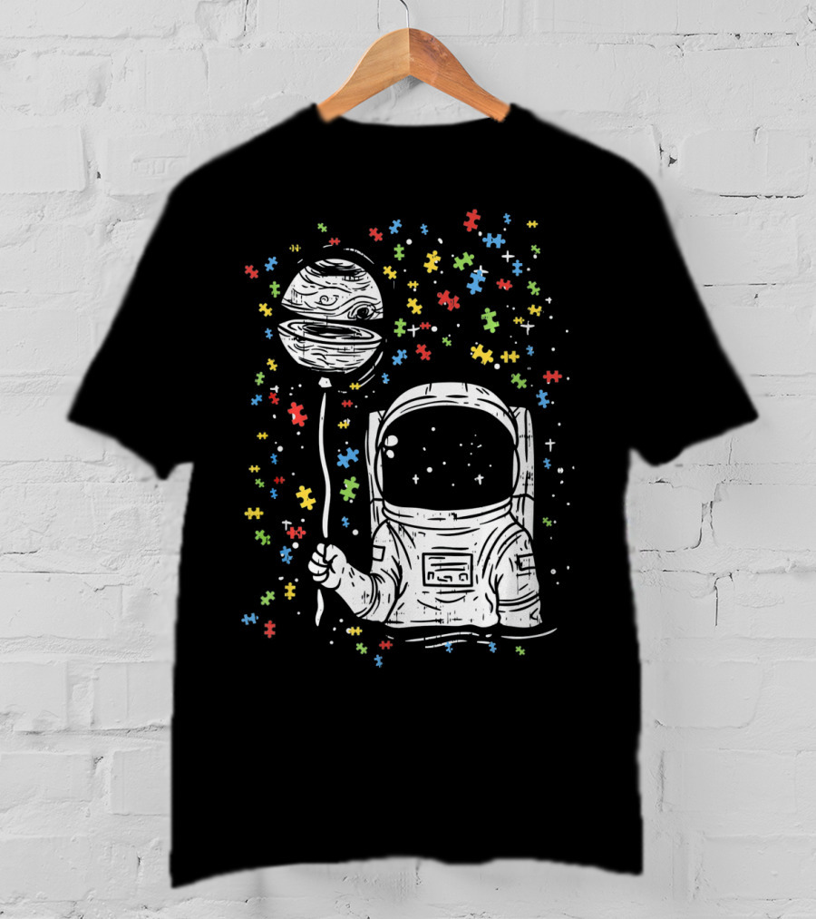 Astronaut Holding Planet Balloon With Puzzle Pieces For Autism Awareness T-Shirt