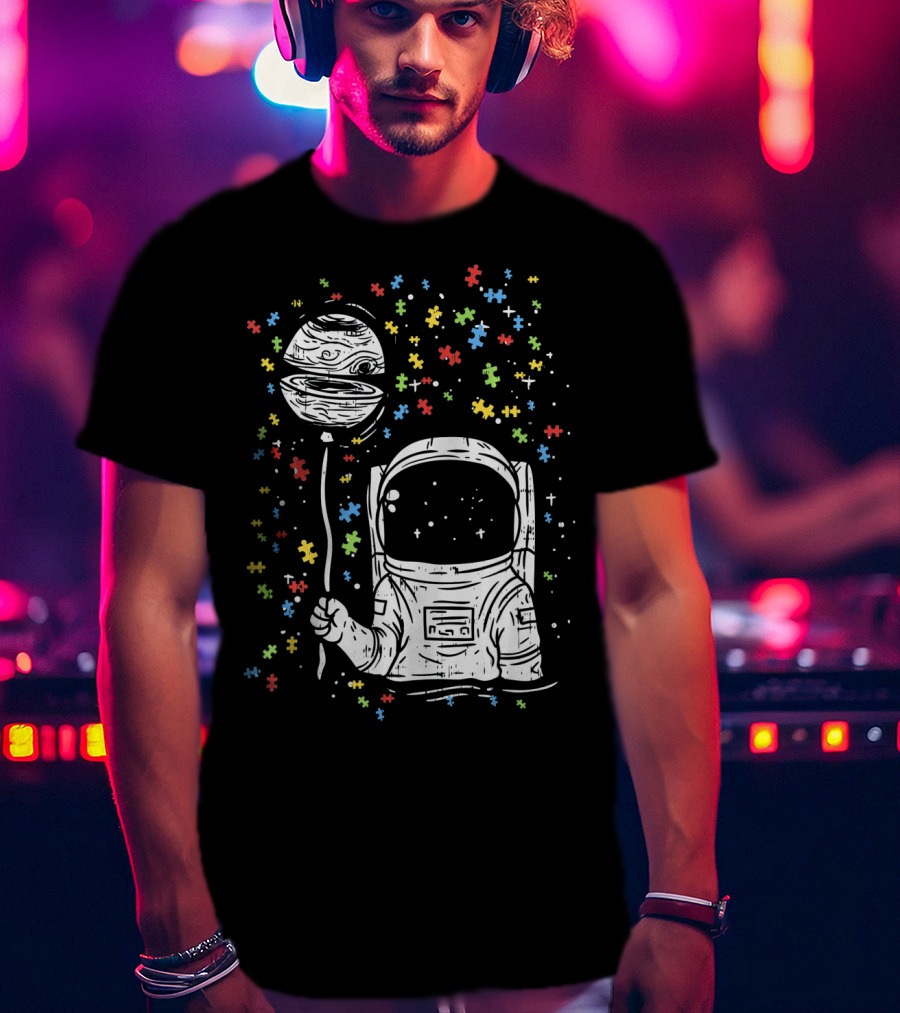 Astronaut Holding Planet Balloon With Puzzle Pieces For Autism Awareness T-Shirt