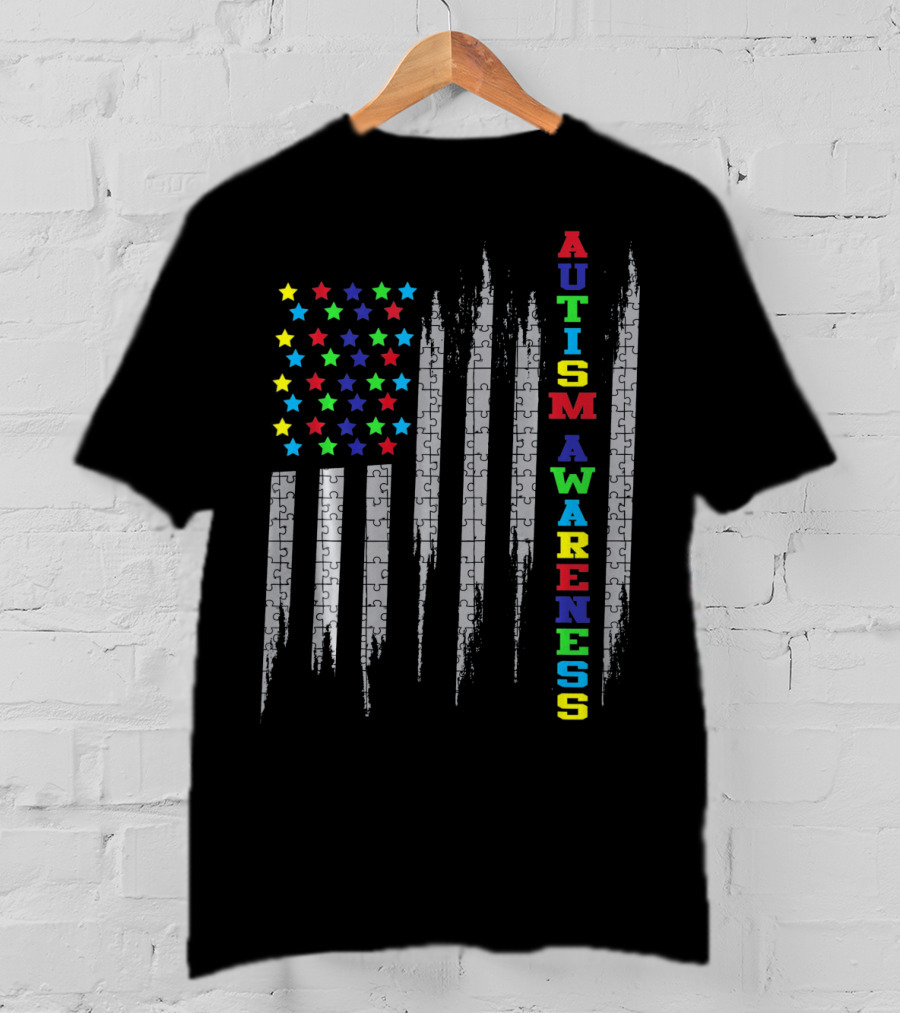 Autism Awareness Day USA Flag Puzzle Stars T-Shirt