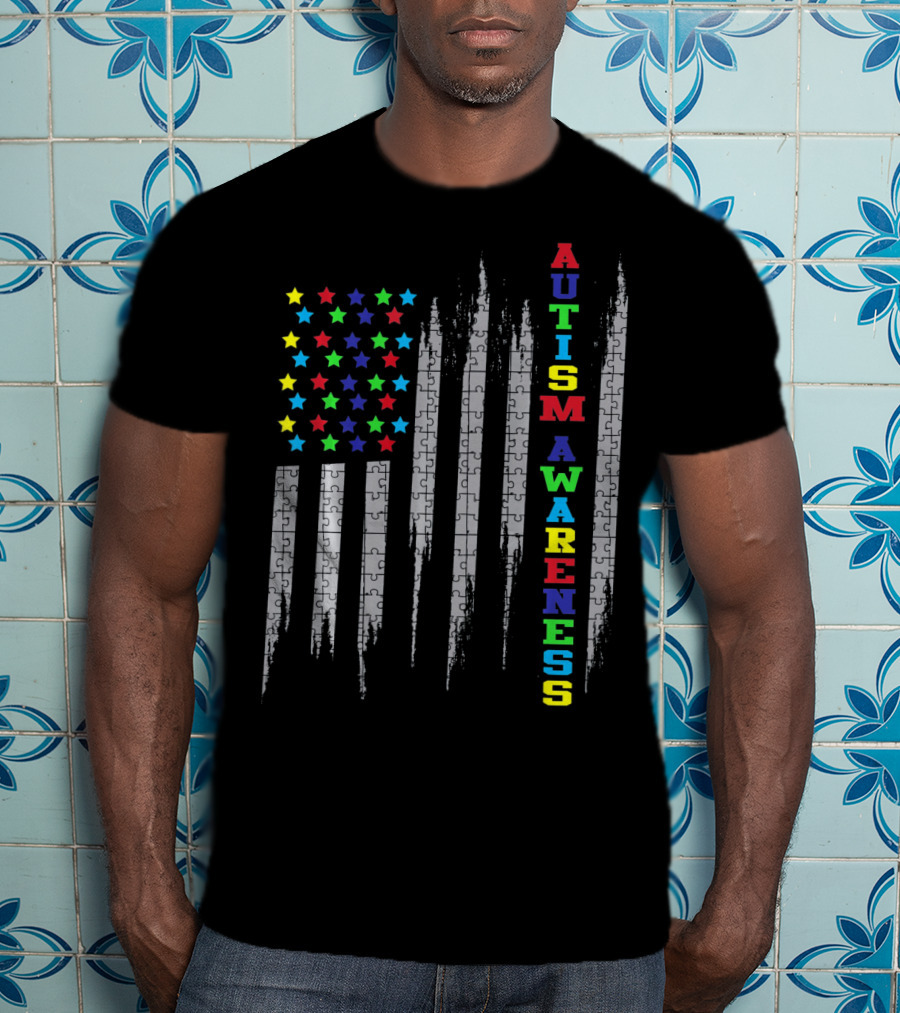 Autism Awareness Day USA Flag Puzzle Stars T-Shirt