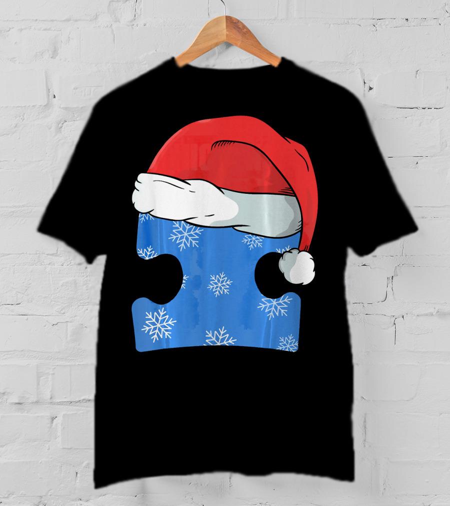 Autism Awareness Puzzle Piece Blue Snowflake Santa Hat T-Shirt